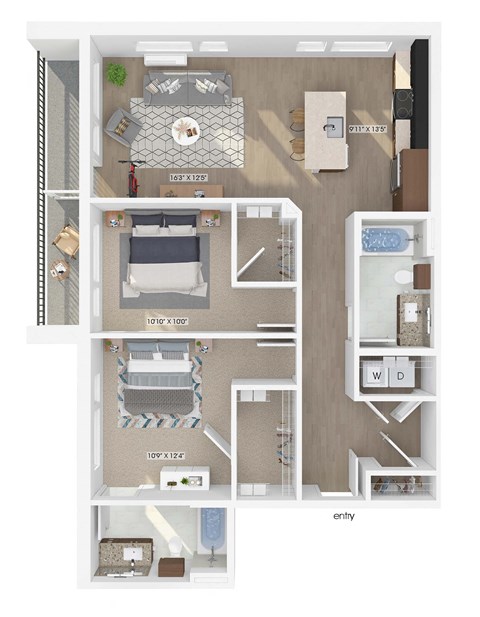 3D floor plan of a 2 bedroom 2 bathroom apartment sized 1083 square feet.