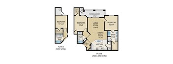 A floor plan for a two-story home with labeled rooms and dimensions.