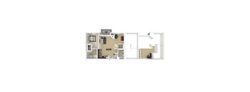 A 3D floor plan of the 2 bedroom 2 bathroom C apartment.