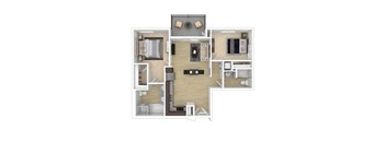 A 3D floor plan of the 2 bedroom 2 bathroom D apartment.