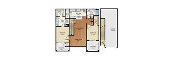 A floor plan of a house with a living room, dining room, kitchen, two bedrooms, a bathroom, a walk-in closet, and a garage.