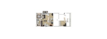 A 3D floorplan of the 2 bedroom 2 bathroom E apartment.