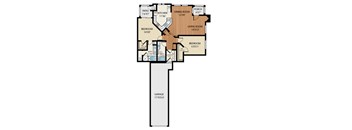 A floor plan of a house with a garage and two bedrooms.
