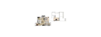 A 3D floor plan of the 2-bedroom 2 bathroom F apartment.