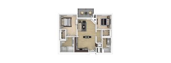 A 3D floor plan of the 2-bedroom 2 bathroom G apartment.
