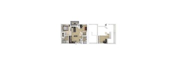 A 3D floor plan of the 2-bedroom 2 bathroom I apartment.