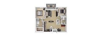 A 3D floor plan of the 2-bedroom 2 bathroom J apartment.