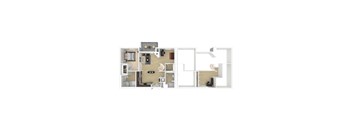 A 3D floor plan of the 2-bedroom 2 bathroom L.