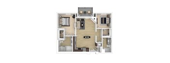 A 3D floor plan of the 2-bedroom 2 bathroom K apartment.