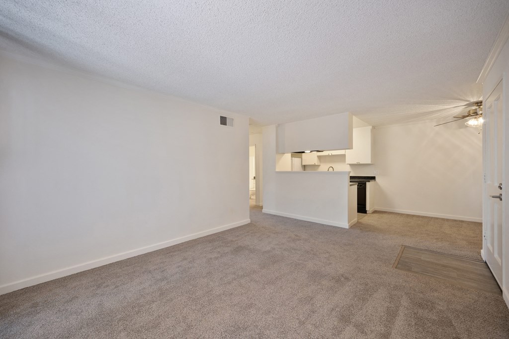 an empty living room and kitchen with white walls and carpet