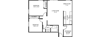 A black and white 2D floor plan of an apartment home.
