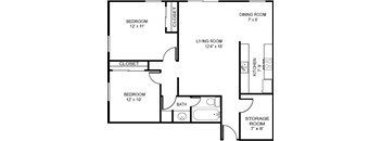 A black and white 2D floor plan of an apartment home.