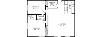 A black and white 2D floor plan of an apartment home.