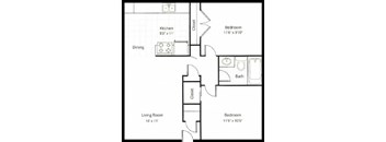 A floorplan of a two bedroom one bathroom apartment with 729 square feet.