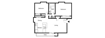 A floor plan of a 2 bedroom 1 bathroom apartment with 820 square feet.
