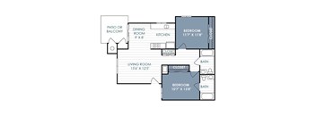 A floor plan of the 2 bedroom 2 bathroom apartment 950 square feet.