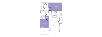 A 2D purple, white, and black floor plan of an apartment home.