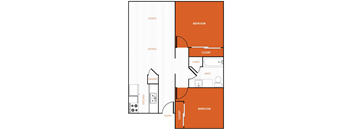 A white, black, and orange 2D floor plan of an apartment home.