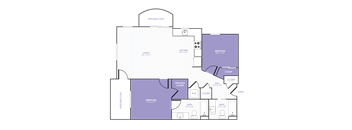 A 2D purple, white, and black floor plan of an apartment home.