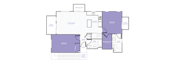 A 2D purple, white, and black floor plan of an apartment home.