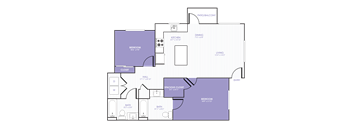 A 2D purple, white, and black floor plan of an apartment home.