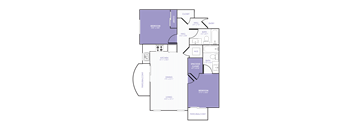 A 2D purple, white, and black floor plan of an apartment home.