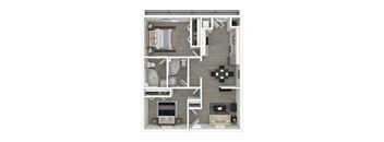 A top-down view of a modern apartment layout with a living room, kitchen, and bedrooms.