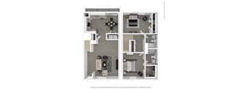 A floor plan of a two-bedroom apartment with a living room, kitchen, and bathroom.