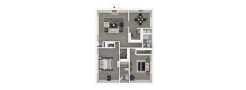 A top-down view of a house layout with multiple rooms and furniture.