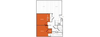 A white, black, and orange 2D floor plan of an apartment home.