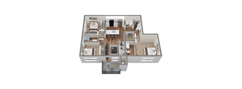 A 3D floor plan of an apartment home.