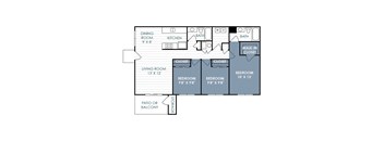 A floor plan of a 3 bedroom 2 bathroom apartment.