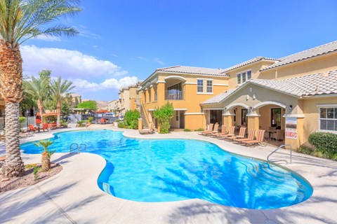 A large swimming pool in front of a house with a palm tree.