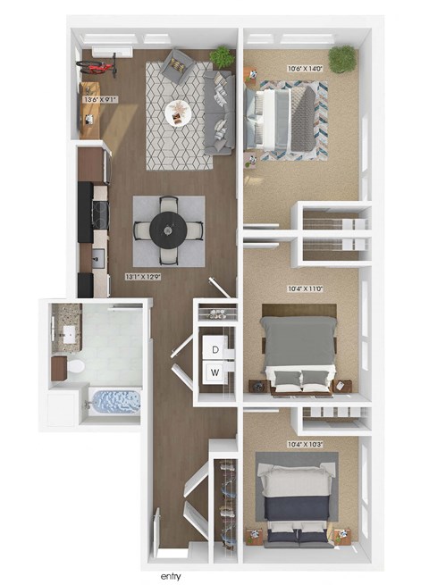 3D floor plan of a 3 bedroom 1 bathroom apartment sized 1075 square feet.