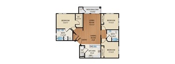 A floor plan of a house with a living room, two bedrooms, a bathroom, a dining room, a kitchen, and a patio/balcony.