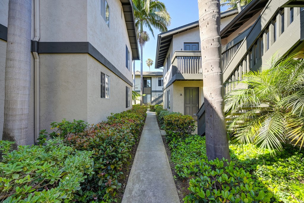 the walkway between the buildings of an apartment complex with palm trees
