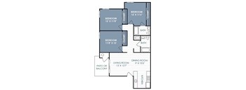 A floor plan of the 3 bedroom 2 bathroom apartment with 1120 square feet.