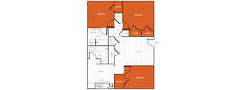 A white, black, and orange 2D floor plan of an apartment home.