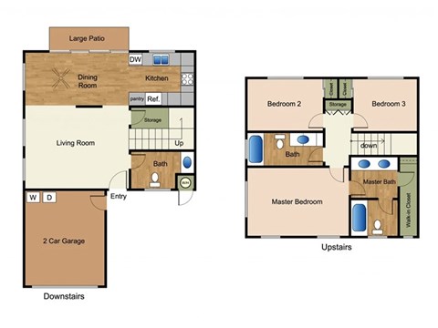 A floor plan of a house with two bedrooms, a living room, a garage, and a dining room.