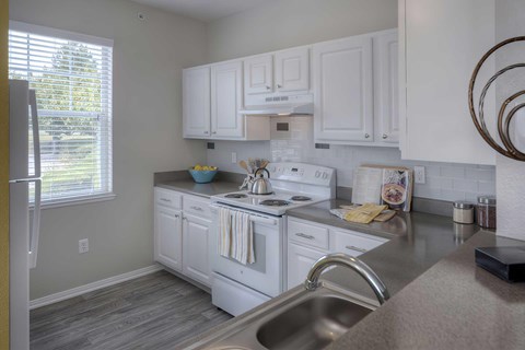 A kitchen with white cabinets and a stainless steel sink.