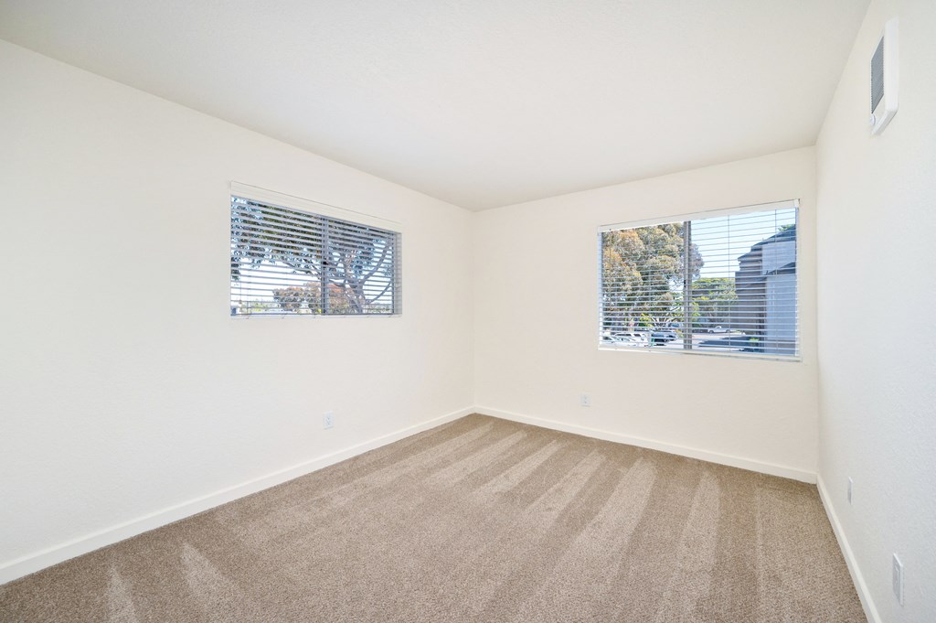 an empty room with carpet and two windows