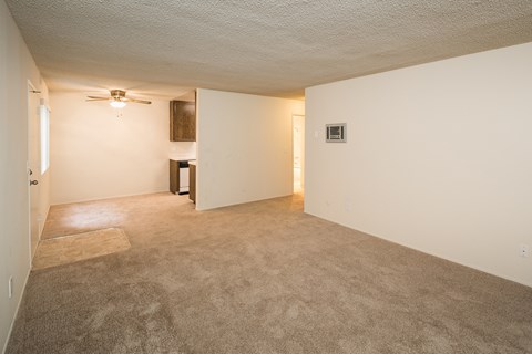 Carpeted apartment living room with view to dining room and kitchen.