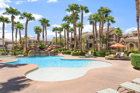 Pool with baja shelf and rock waterfall surrounded by palm trees and beautiful blue sky.