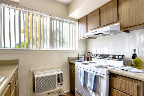 A kitchen with a stove, oven, and window.