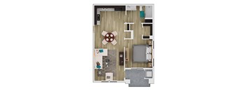 A top down view of a room with a bed, a couch, a table, and a rug.