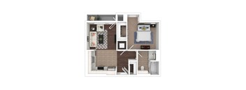 A 3D floor plan of a one bedroom one bathroom 599 square feet.