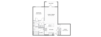 A 2D black and white floor plan of an apartment home.
