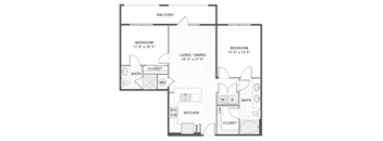 A 2D black and white floor plan of an apartment home.