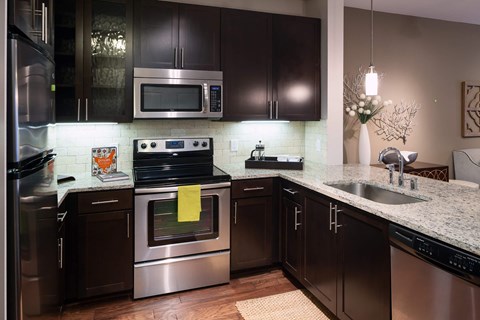a kitchen with stainless steel appliances, a countertop, and dark wooden cabinets