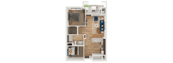 A floor plan of a small apartment with a kitchen, living room, and bedroom.
